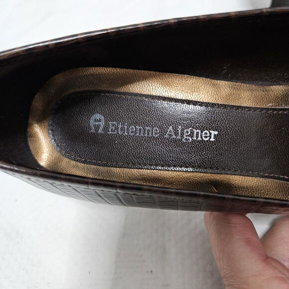 Etienne Aigner Kitten Heels Women's 6M Labelle Godiva Lizard Brown Leather VGUC - Picture 2 of 8